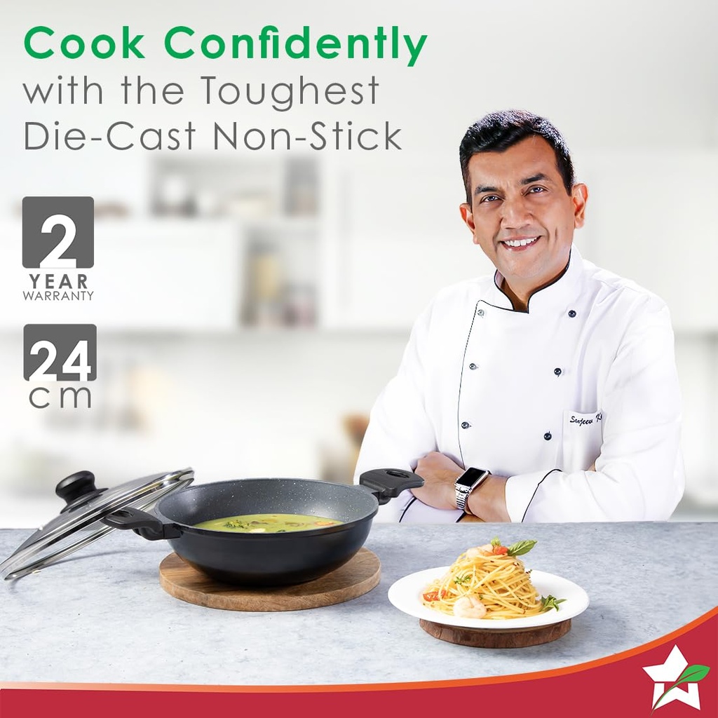 Kadhai With Lid 24 cm WONDERCHEF Duralite Die-Cast Pans