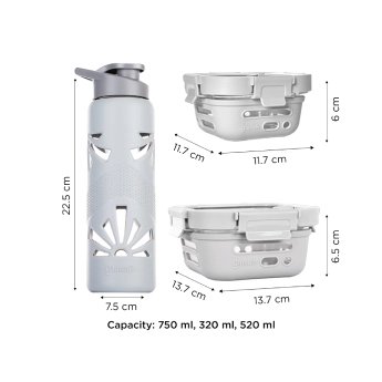 Tiffin Box with Bottle GLASAFE Desk Munch Combo (Set of 3)